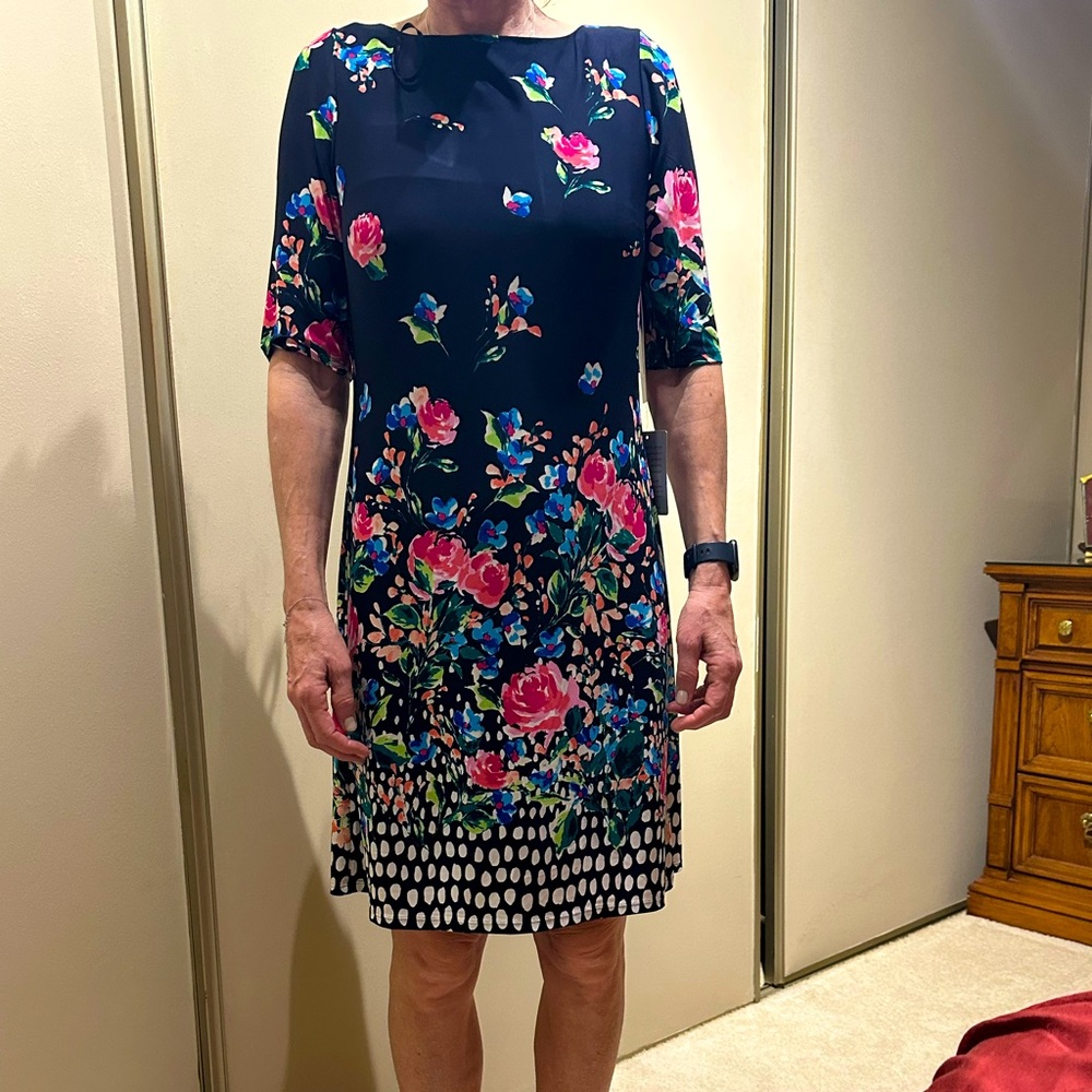 Navy blue w/many bright colors. Sz 10 Eliza J